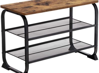 _Shoe bench Shoe cabinet in industrial design, shoe rack with 2 grid shelves, rounded frame, easy assembly, stable, space-saving, narrow, wood look, vintage