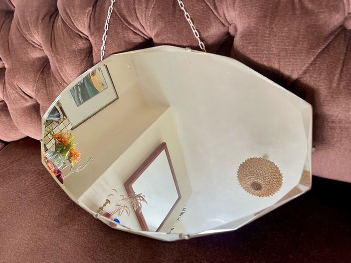 Petite Oval Bevelled Early 20th Century Frameless Mirror with Original Chain