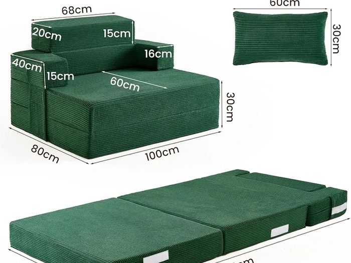 Sofa Bed Single Convertible Chair Bed with Pillow & Armrests, Foldable Futon Mattress with Back Support, Boneless Sofa Bed for Living Room and Bedroom, Dark Green
