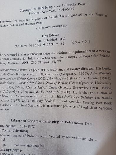 Selected Poems of Padraic Colum/1989/1st edition/ Syracuse University Press