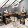 L-shaped computer desk vintage brown-black desk, L-shaped computer desk, office table with cabinet and hanging registry, 2 shelves, home office, space- Image 2