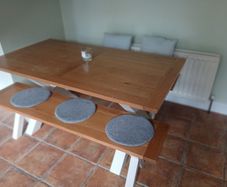 Oak dining table with bench - water damage on surface