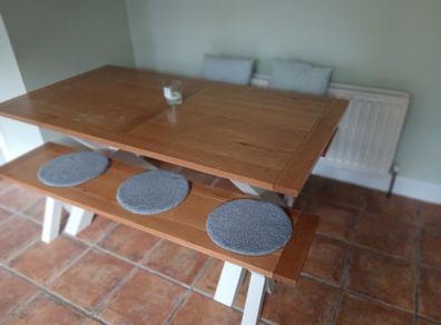 Oak dining table with bench - water damage on surface