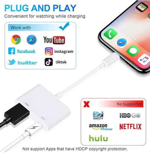 HDMI Adapter for iPhone iPad, 1080P HDMI Adapter for iPhone to TV Sync Screen Video & Audio Digital AV Converter with Charging for iPhone, iPad, iPod on HDTV/Projector/Monitor, Plug & Play