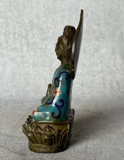 Cloisonne Guanyin Sitting On A Lotus Throne - Enameled  Bronze, Signed