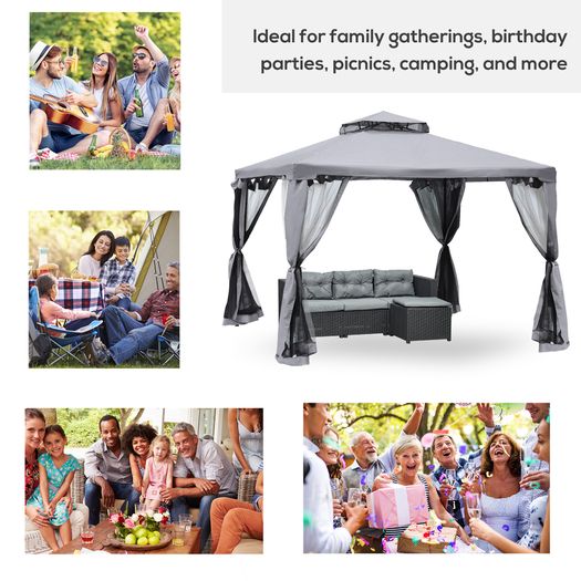 3 x 3 Meter Metal Gazebo Garden Outdoor 2-tier Roof Marquee Party Tent Canopy Pavillion Patio Shelter with Netting