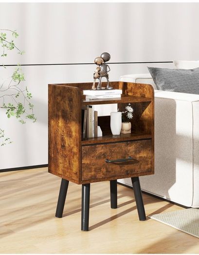 Bedside Table Set of 2, Nightstand, Side Table, Wooden Sofa End Table with Fabric Drawer, Open Shelf, Solid Wood Legs, 39x29x63 cm, for Bedroom, Living Room, Rustic Brown
