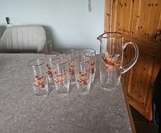 Vintage pheasant water tumblers and water jug
