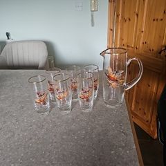 Vintage pheasant water tumblers and water jug