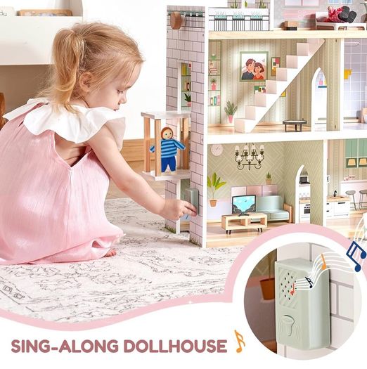 Wooden Dolls House, 2.6 Feet High with Elevator, Doorbell, Light 15 Pieces Furnitures and 3 Dolls, Toys Suitable for Girls Aged 3-7+, Birthday and Christmas Gift