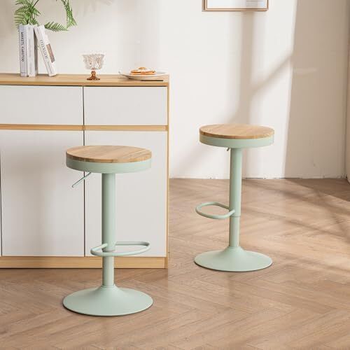 Bar Stools, Solid Wood Counter Height Barstools Set of 2, Vintage High Adjustable 360 Swivel Metal Bar Chairs, Breakfast Kitchen Stools, Mint Green