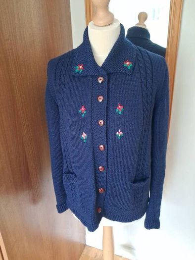 Hand Crafted & Hand Embroidered New Navy Wool Cardigan Size 12-14