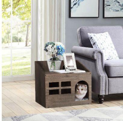 BRAND NEW Durable Wooden Cat Cave Bed Furniture Kitten Sleep Lounge House Bed with Cushion Pad Litter Box for Indoor Cats