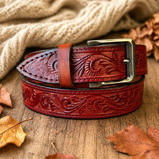 Premium Genuine Leather Belt Dual Tone Vintage Embossed Design with Antique Metal Buckle