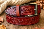 Premium Genuine Leather Belt Dual Tone Vintage Embossed Design with Antique Metal Buckle