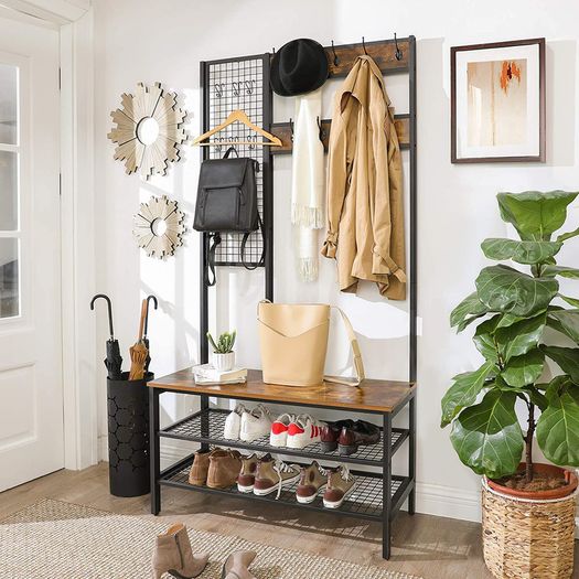 _Large Coat Stand with Bench, Clothes Rack with 9 Coat Hooks and Shoe Rack, with Grid Wall, 185 cm High, Lots of Storage, for Hallway / Bedroom, Vintage Look, Dark Brown