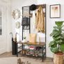 Large Coat Stand with Bench, Clothes Rack with 9 Coat Hooks and Shoe Rack, with Grid Wall, 185 cm High, Lots of Storage, for Hallway / Bedroom, Vintage Look, Dark Brown Image 2