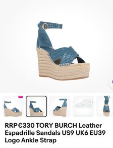 TORY BURCH Leather Espadrille Sandals US9 UK6 EU39 Logo Ankle Strap