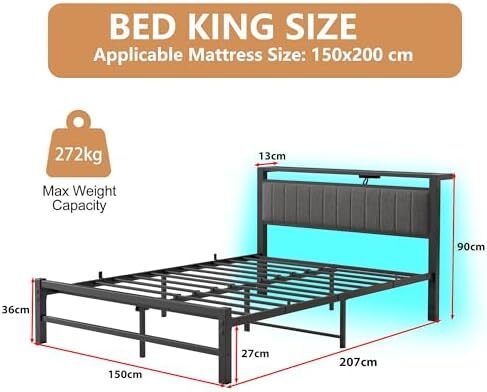 King Size Bed Frame with Storage Headboard, 5ft Upholstered Bed Frame Kingsize with Charging Station and LED Lights/Under Bed Storage