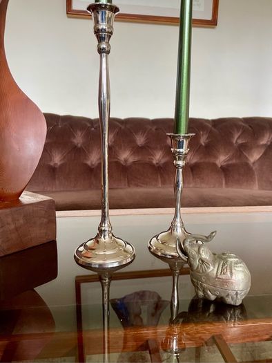 Pair of Slender 19th Century Style Silver Chrome Metal Candlesticks