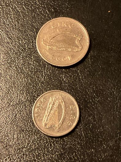 Irish Pre Euro Coins 1994 10p Salmon and 1996 5p Bull
