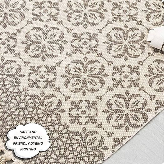 FREE EXPRESS SHIPPING Beige Rug Cotton Area Rug Bedroom Cream Floral Printed Moroccan Rug with Tassel 60x90cm Machine Washable Small Rug Hand Woven Carpet for Living Room, Kitchen,Hallway