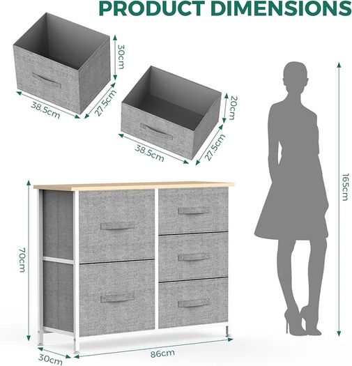 Chest of Drawers,Fabric Storage Drawers wtih 5 Units Large Storage Space,Sturdy Steel Frame Chest of Drawers Bedroom for Living Room, Nursery Room, Hallway etc, Gray, 30 x 85 x 70 cm