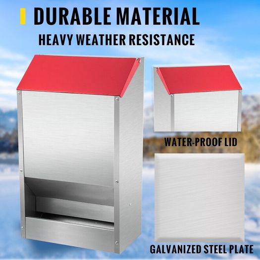 Galvanized Poultry Feeder Holds 50lbs of Feed Chicken Feeders No Waste 13.8x11x25.6in Hanging Chicken Feeder with Lid Weatherproof Outdoor Coop Food Dispenser Tilted lid