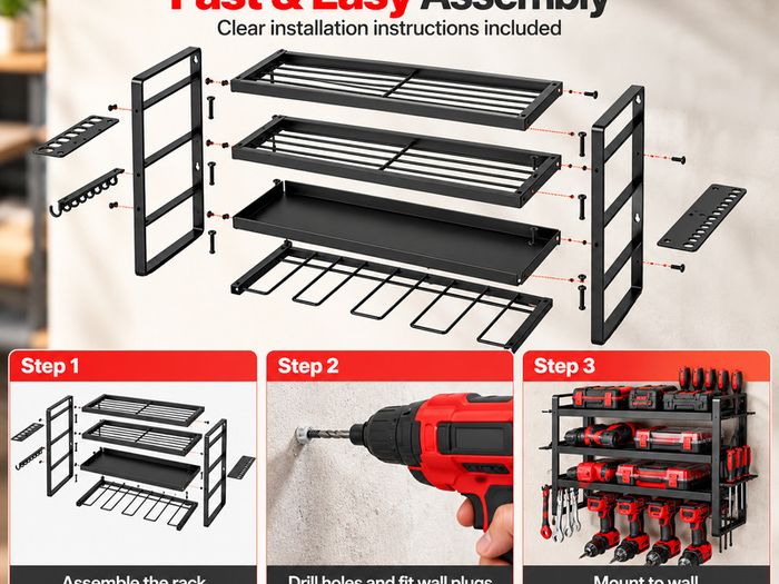 Heavy Duty Power Tool Organiser Wall Mounted 4 Tier Rack with 4 Drill Holders
