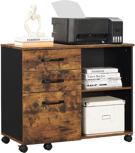 _3-Drawer Unit, Office Storage Unit with Open Compartments, Sideboard, for A4 Format, Documents, Printer Stand, Industrial Style, Rustic Brown and Black