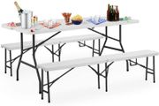 Beer tent set, foldable, 2 beer benches, 1 beer table, plastic handle, white, marquee set, camping garden furniture