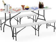main image for ad Beer tent set, foldable, 2 beer benches, 1 beer table, plastic handle, white, marquee set, camping garden furniture
