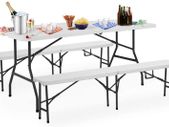 Beer tent set, foldable, 2 beer benches, 1 beer table, plastic handle, white, marquee set, camping garden furniture