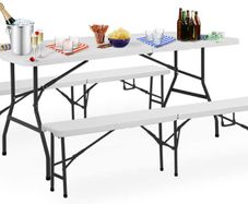 Beer tent set, foldable, 2 beer benches, 1 beer table, plastic handle, white, marquee set, camping garden furniture