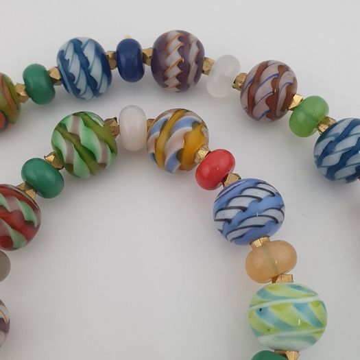 Antique Venetian Style MultiColor Stripe`Pattern Glass Beads Necklace