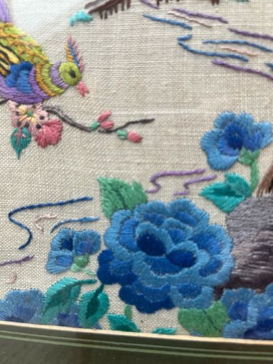 Vintage Chinese Embroidery Framed Bird & Floral Textile Art