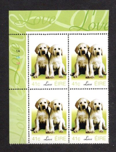 2003 Ireland Greetings Stamp (baby animals puppies) Plate Block 1A1A1A1A Mint Never Hinged (MNH)