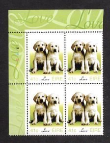 2003 Ireland Greetings Stamp (baby animals puppies) Plate Block 1A1A1A1A Mint Never Hinged (MNH)