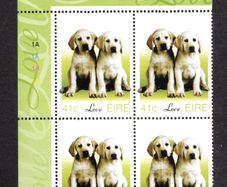 2003 Ireland Greetings Stamp (baby animals puppies) Plate Block 1A1A1A1A Mint Never Hinged (MNH)