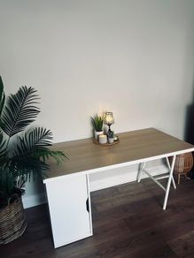 Modern IKEA Desk!!! Top: Light wood/oak effectBase: White storage cabinet + trestle leg.Style: Minimalist / Scandinavian.Perfect for home office or student room.Size L150cm ,W75cm