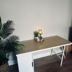 Modern IKEA Desk!!! Top: Light wood/oak effectBase: White storage cabinet + trestle leg.Style: Minimalist / Scandinavian.Perfect for home office or student room.Size L150cm ,W75cm