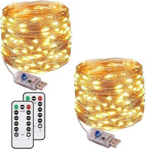 [2 Pack] Fairy String Lights, 120LED 12M/40Ft 8 Modes USB Plug in Powered Lights Waterproof Outdoor/Indoor Copper String Lights with Remote Timer for Bedroom, Party, Christmas