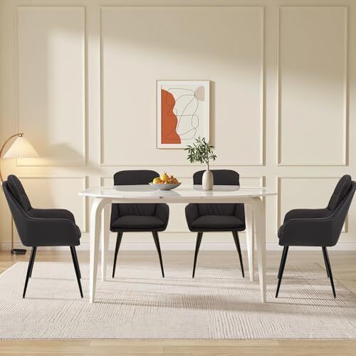 Dining Chair Set of 2 with backrests, Thick Padded Seat armchairs, Easy-Clean Faux Leather and Linen, Sturdy Metal Legs kitchen chairs for Dining and Living Room(Black)