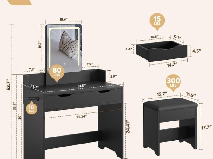 Dressing Table with Stool, Vanity Desk with Touch Control LED Mirror (3 Color Modes), 2 Drawers & Hair Dryer Holder, Modern Makeup Desk for Bedroom, Black