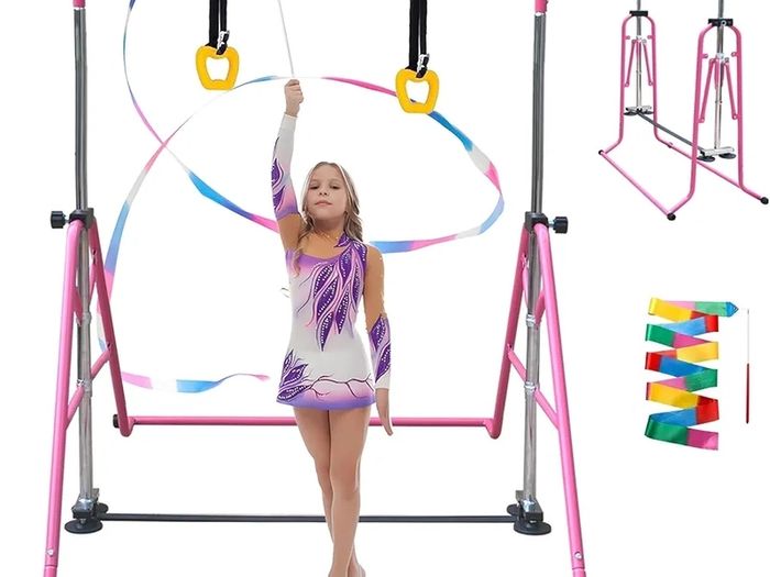 Gymnastics Bar Folding Gymnastics Equipment with Gymnastic Rings Adjustable Height Horizontal Bar for Kids/Home Girls/Children Ages 3-12 Years.