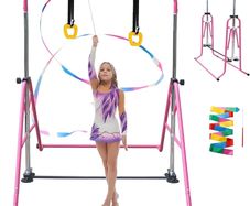 Gymnastics Bar Folding Gymnastics Equipment with Gymnastic Rings Adjustable Height Horizontal Bar for Kids/Home Girls/Children Ages 3-12 Years.