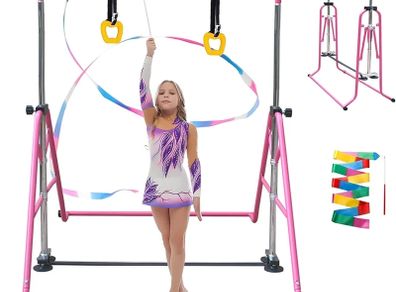 Gymnastics Bar Folding Gymnastics Equipment with Gymnastic Rings Adjustable Height Horizontal Bar for Kids/Home Girls/Children Ages 3-12 Years.