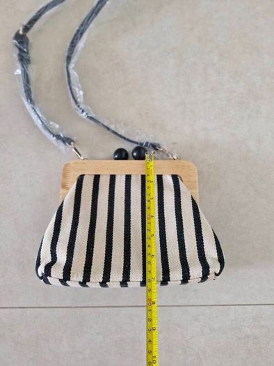 Zara Canvas Striped Wooden Clutch Bag in cream/black