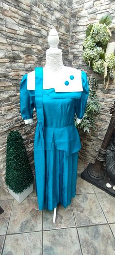 vintage 80s aqua blue green pleated skirt dress with Peter Pan collar size small