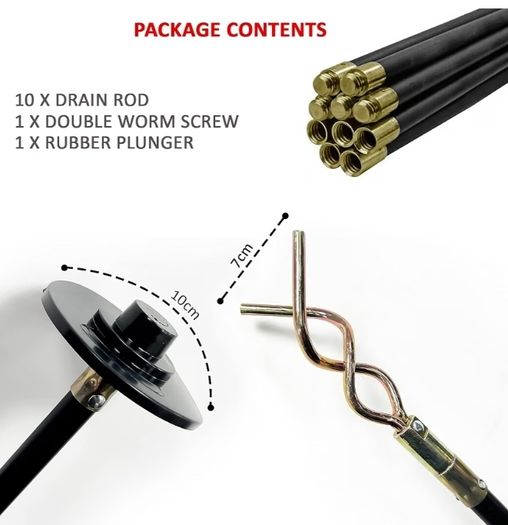 Drain Rods Set, Drainage Rods for Outside Drain Flexible, 12 Pcs / 9.2M Drain Unblocker with Heavy Duty Rubber Plunger & Double Worm Screw, Drainage Rods for Drain Cleaning with Carry Bag